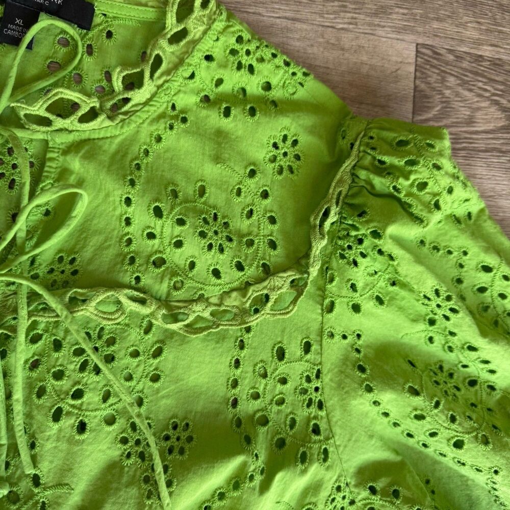 Marc New York 100% Cotton Sz XL Eyelet Boho Fairycore Romantic Blouse Lime Green - Picture 8 of 16